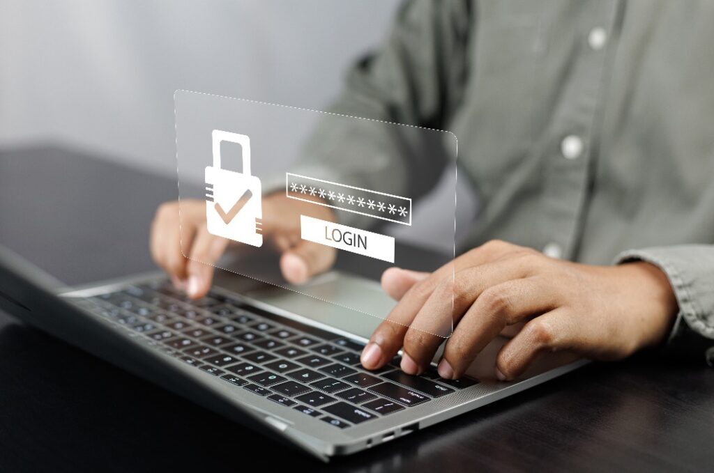 Cybersicherheitskonzept, Benutzer gibt ein Passwort ein, um sich anzumelden und persönliche Daten zu schützen.