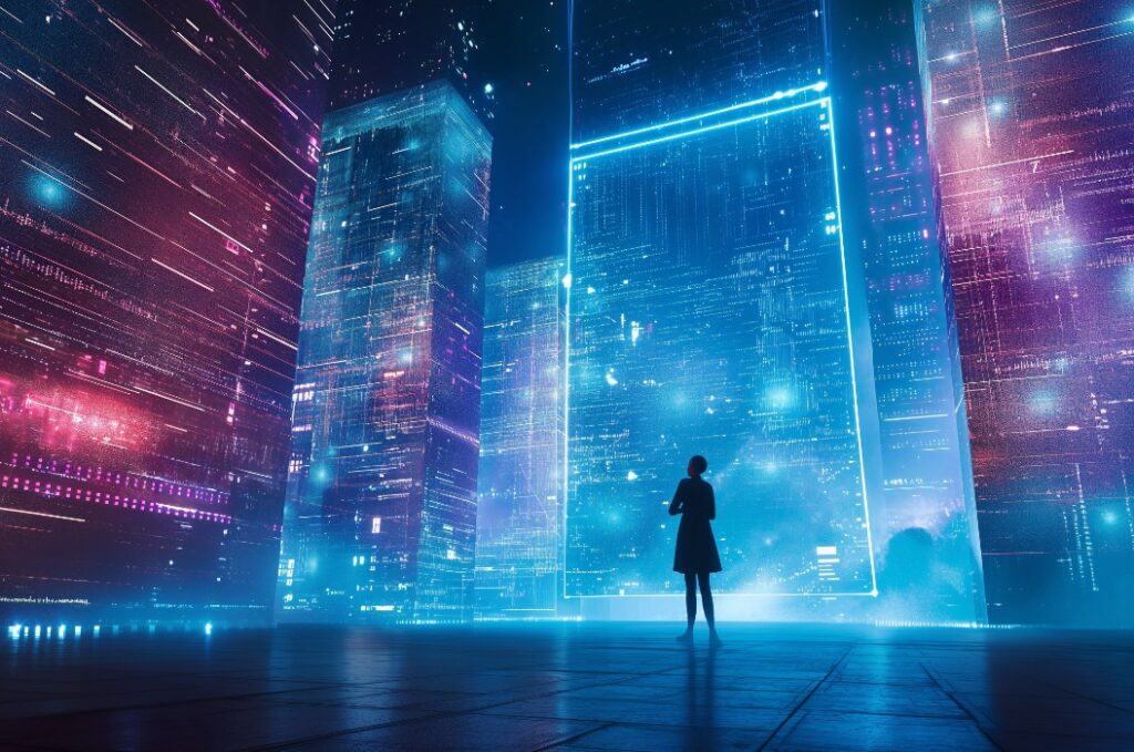 Softwareentwicklung von KI Person schaut auf digitales Display Hologramm Generative AI