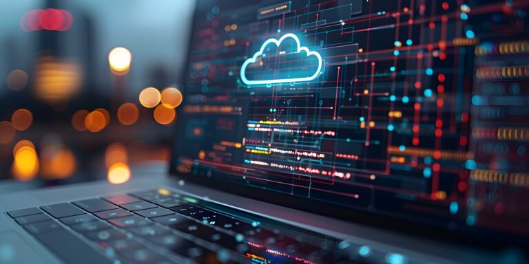 Laptop mit leuchtendem blauem Cloud Symbol und bunten Datenverbindungen